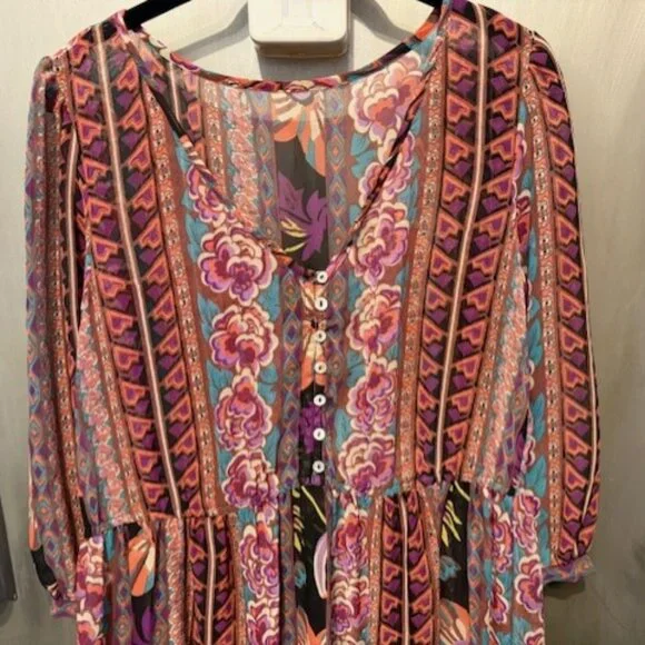 Boho Retro Chiffon Long Sleeve Geometric Floral Maxi Dresses - Picture 4 of 16